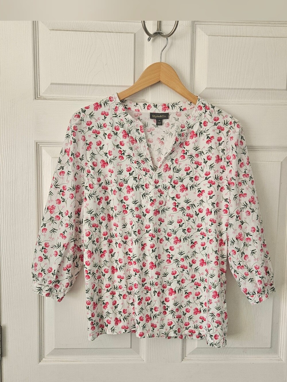 Style & Co Cotton Modal Ditsy Floral Blouse 3/4 Sleeve Cottagecore Coquette M